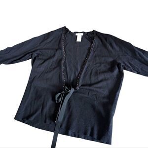 Worthington Y2K Navy Cardigan Beaded Tie Waist Size XL
